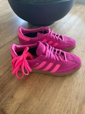 adidas Pink Suede Sneakers with Neon Pink Stripes